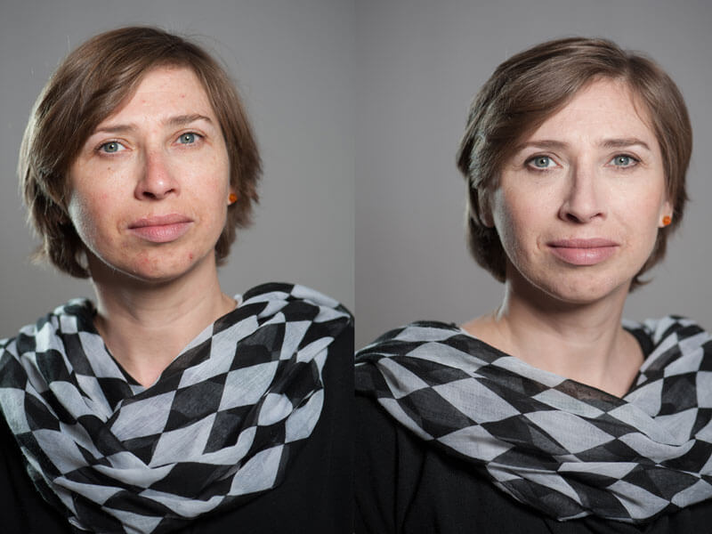 vorher/nachher Foto einer Frau, gleiches Licht, gleiche Garderobe, nur mit Makeup.