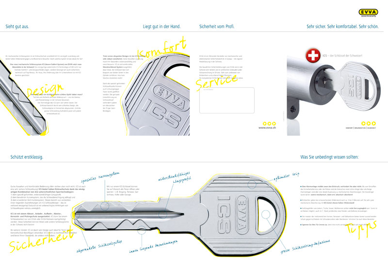 Broschüre für einen neuen Schlüssel der Firma EVVA, aufgeklappte Altarfalz, Vorder-und Rückseite