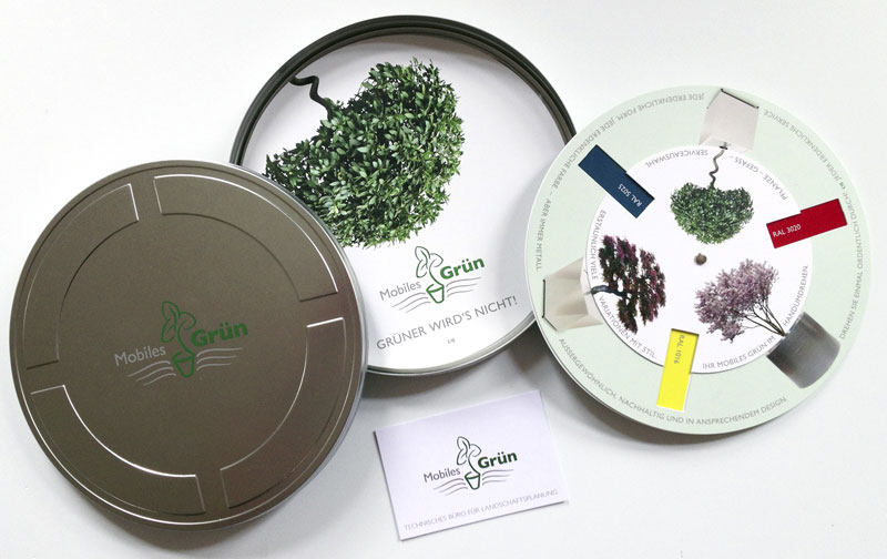 Werbemittel für Mobiles Grün: Filmdose mit runden Foldern, Visitenkarte und Logo