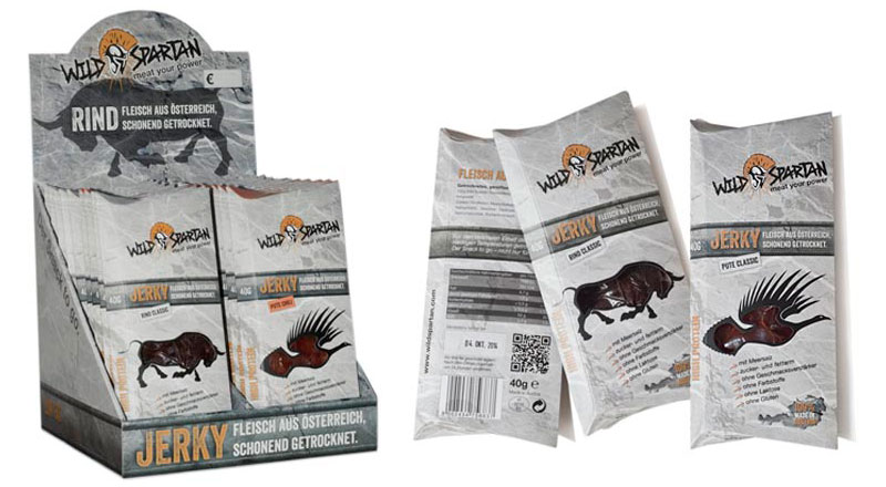 Foto eines ansprechenden Papp-Spenders mit unterschiedlichen verpackten Fleischsorten von Wild Spartan