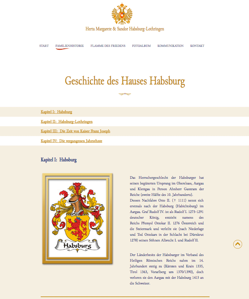 Screenshot der Website für die Habsburger, Seite der Familienhistorie