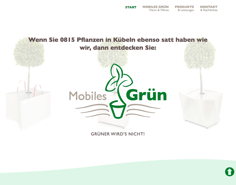 Screenshot der Startseite von Mobiles Grün, drei Planzkübel hell im Hintergrund, Logo groß